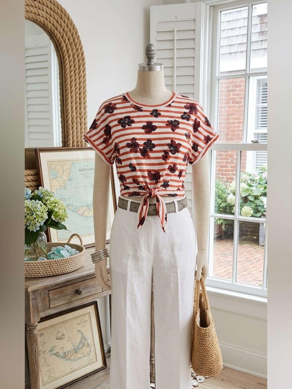 Anthropologie Postmark Orange and White Striped Floral Tie-Front Crop Top